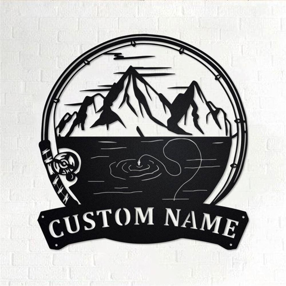 Personalized Metal Monogram Sign, Mountains Fishing Metal Wall Art, Fisher Name Sign, Fishing Metal Home Decor