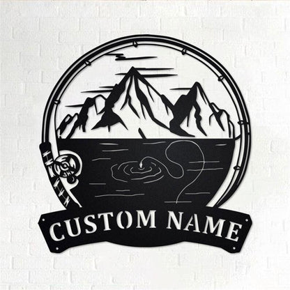 Personalized Metal Monogram Sign, Mountains Fishing Metal Wall Art, Fisher Name Sign, Fishing Metal Home Decor