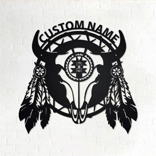 Personalized Metal Monogram Sign, Native American Cow Skull Metal Wall Art, Cow Skull Name Sign, Cow Skull Home Decor