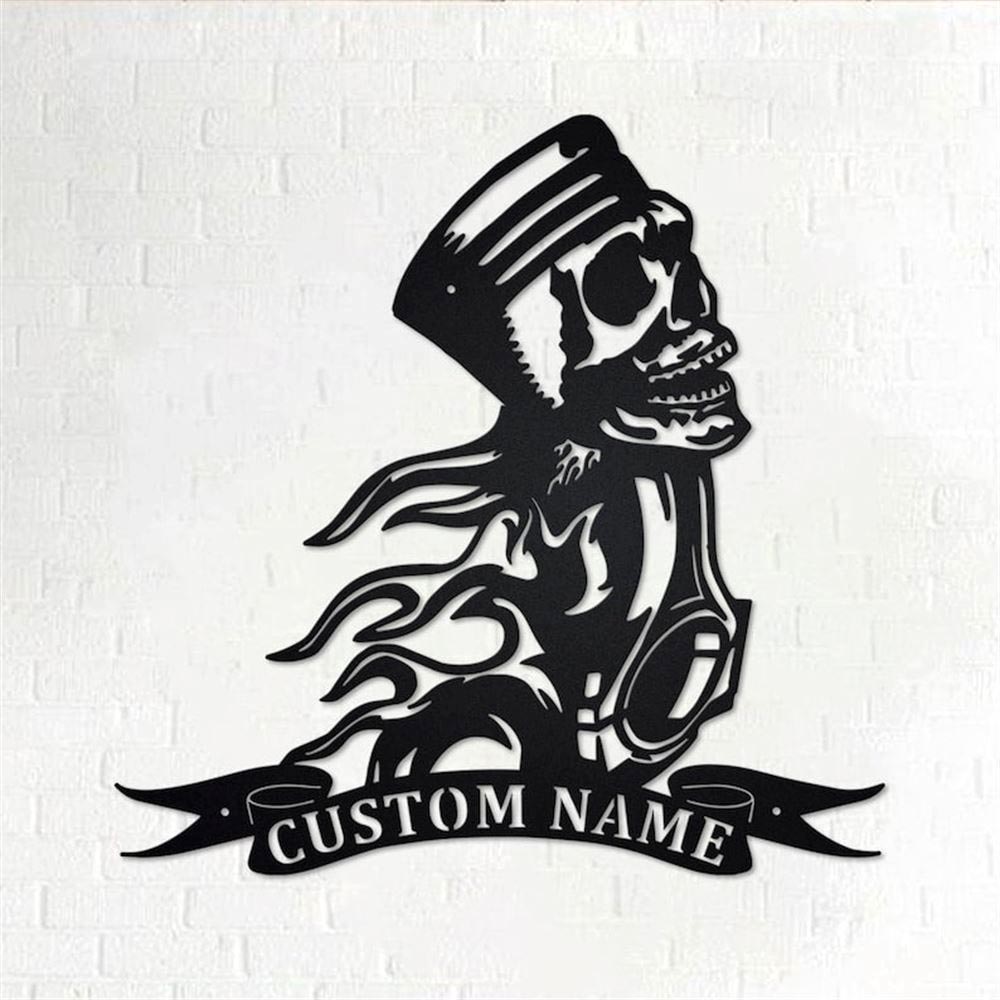 Personalized Metal Monogram Sign, Piston Skull Metal Wall Art, Mechanic Car Name Sign, Piston Skull Metal Home Decor