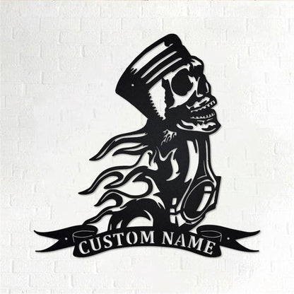 Personalized Metal Monogram Sign, Piston Skull Metal Wall Art, Mechanic Car Name Sign, Piston Skull Metal Home Decor
