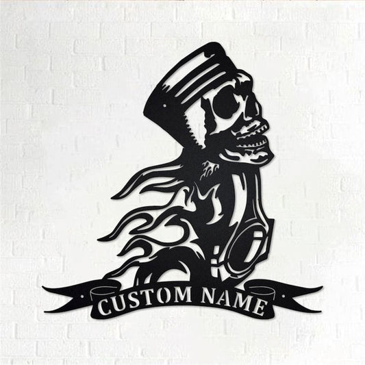 Personalized Metal Monogram Sign, Piston Skull Metal Wall Art, Mechanic Car Name Sign, Piston Skull Metal Home Decor