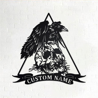 Personalized Metal Monogram Sign, Raven With Skull Metal Wall Art, Raven Name Sign, Raven Metal Home Decor