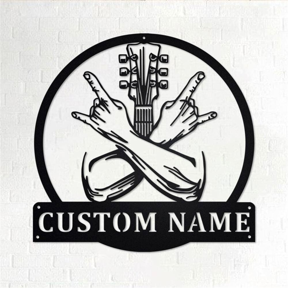 Personalized Metal Monogram Sign, Rock Crossed Hands Metal Wall Art, Rocker Name Sign, Guitar Rock Metal Home Decor