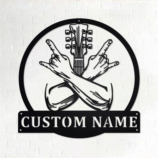 Personalized Metal Monogram Sign, Rock Crossed Hands Metal Wall Art, Rocker Name Sign, Guitar Rock Metal Home Decor