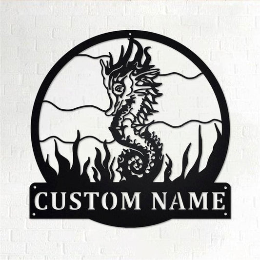Personalized Metal Monogram Sign, Sea Horse Ocean Beach Metal Art, Steel Wall Decor, Seahorse Marine Life Sign, Nautical Wall Art