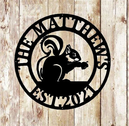 Personalized Metal Monogram Sign, Squirrel Metal Sign, Cabin Decor, Camping Sign, Campground Sign, Camper Squirrel Decor, Squirrel Sign