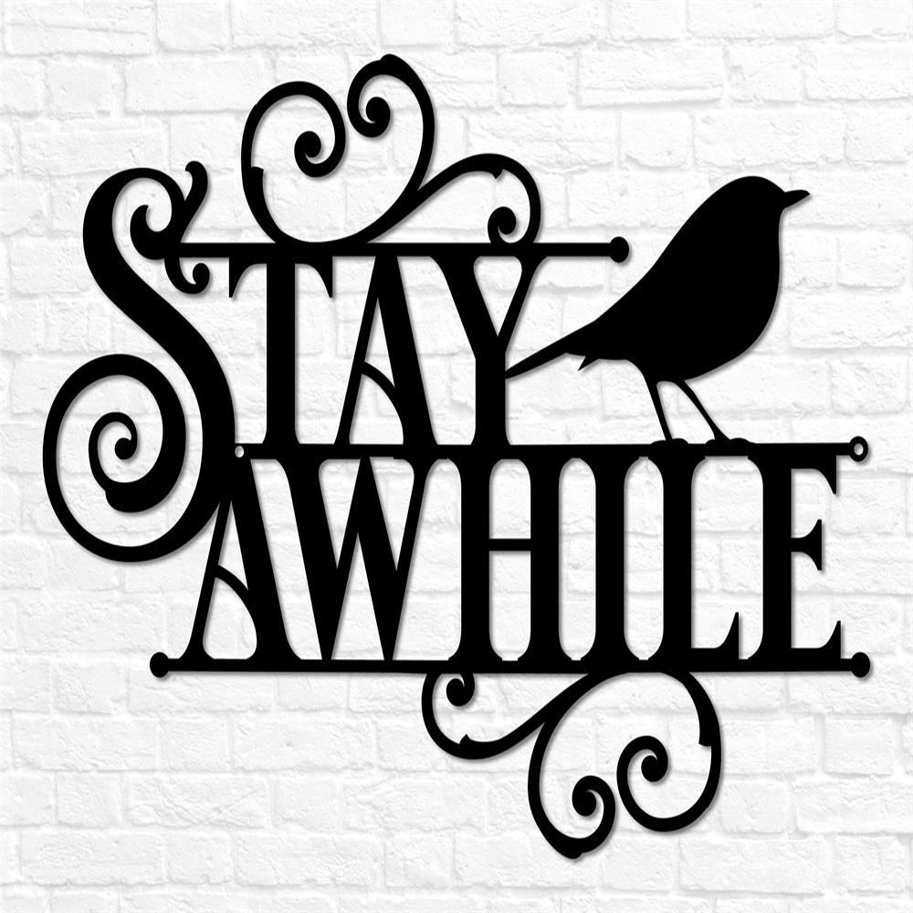 Personalized Metal Monogram Sign, Stay Awhile Sign, Stay Awhile Metal Sign, Metal Welcome Sign Outdoor, Welcome Sign, Front Door Outdoor Bird