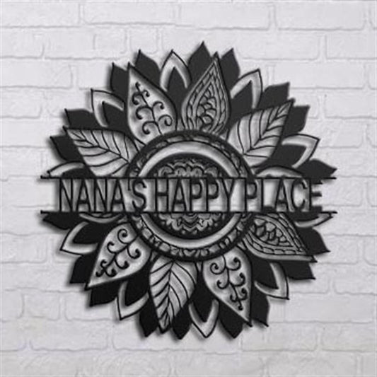 Personalized Metal Monogram Sign, Sunflower Nana's Happy Place Metal Wall Art, Cut Metal Sign