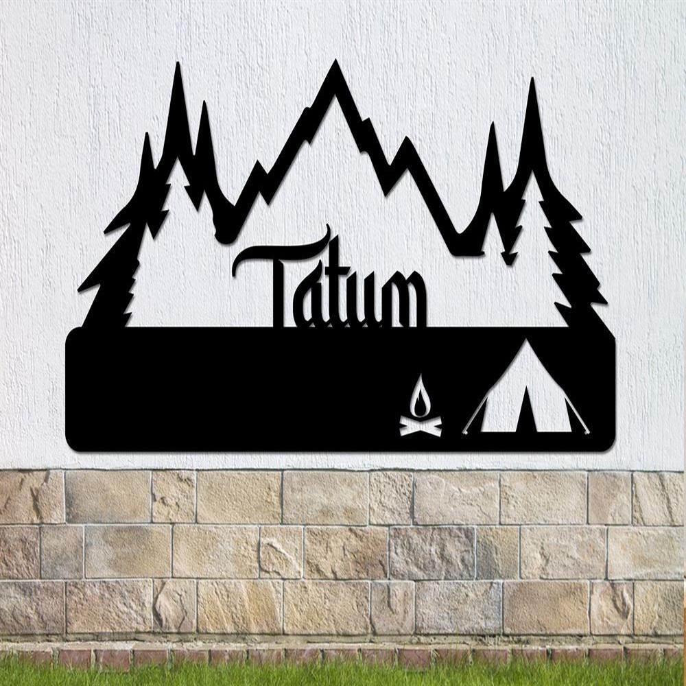 Personalized Metal Monogram Sign, Tent Camping Scene Metal Sign, Mountain Sign, Fire Metal Sign, Camping Sign, Outdoor Enthusiasts Metal Sign