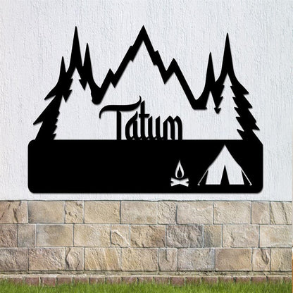 Personalized Metal Monogram Sign, Tent Camping Scene Metal Sign, Mountain Sign, Fire Metal Sign, Camping Sign, Outdoor Enthusiasts Metal Sign