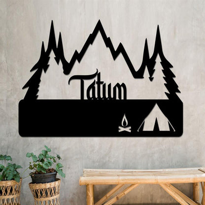 Personalized Metal Monogram Sign, Tent Camping Scene Metal Sign, Mountain Sign, Fire Metal Sign, Camping Sign, Outdoor Enthusiasts Metal Sign