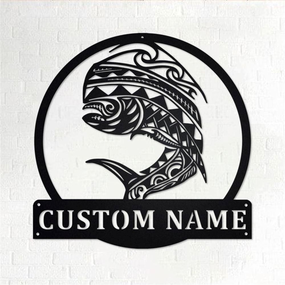 Personalized Metal Monogram Sign, Tribal Mahi Mahi Fish Metal Wall Art, Mahi Mahi Name Sign, Mahi Mahi Home Decor