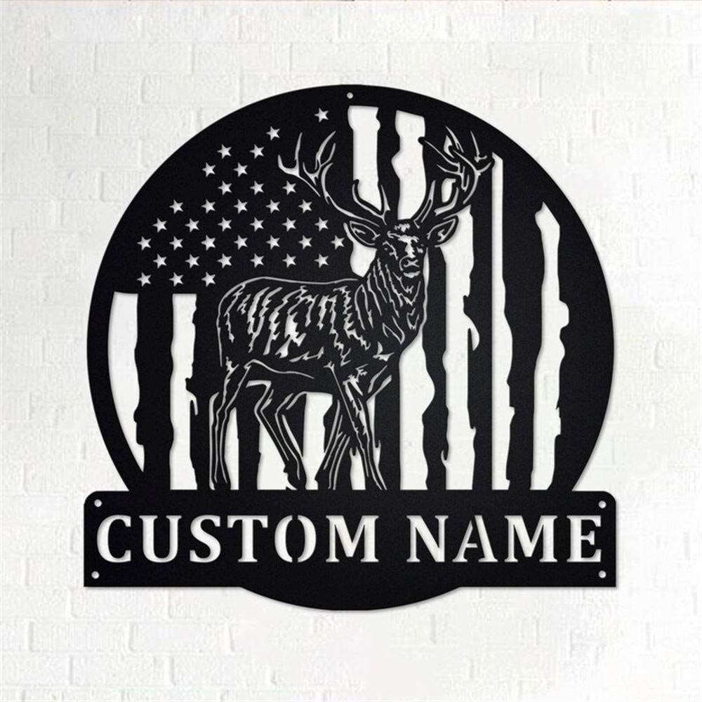 Personalized Metal Monogram Sign, US Flag Reindeer Metal Wall Art, Reindeer Name Sign, Reindeer Home Decor