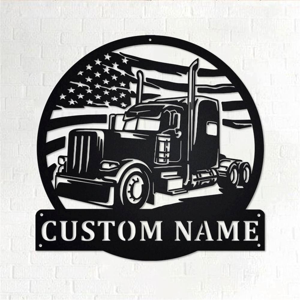 Personalized Metal Monogram Sign, US Flag Semi-Trailer Truck Metal Wall Art, Semi Truck Name Sign, Semi Truck Home Decor