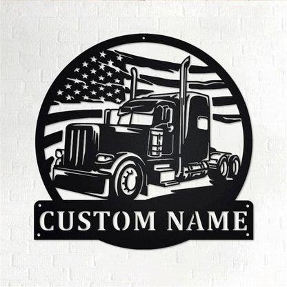 Personalized Metal Monogram Sign, US Flag Semi-Trailer Truck Metal Wall Art, Semi Truck Name Sign, Semi Truck Home Decor