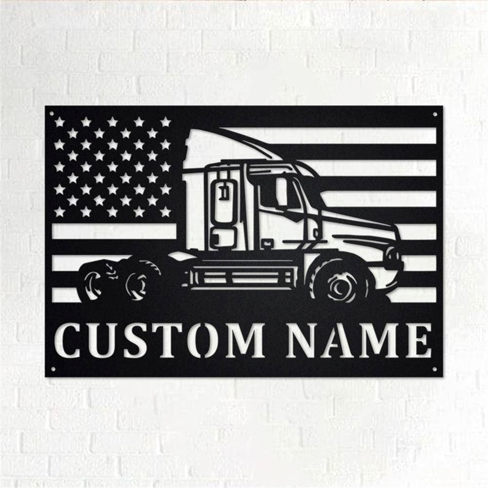 Personalized Metal Monogram Sign, US Flag Semi Truck Metal Wall Art, Semi Truck Name Sign, Semi Truck Home Decor