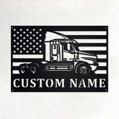 Personalized Metal Monogram Sign, US Flag Semi Truck Metal Wall Art, Semi Truck Name Sign, Semi Truck Home Decor