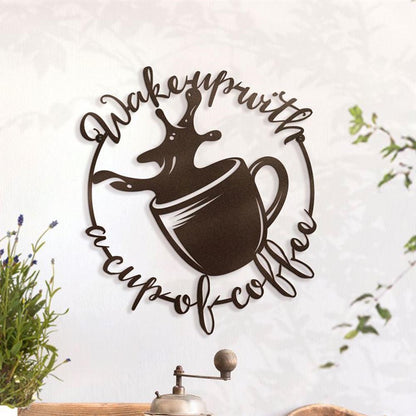 Personalized Metal Monogram Sign, Wake Up With A Cup Of Coffee Metal Sign, Coffee Shop Decorations, Living Room Decor