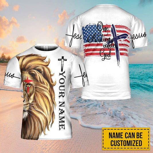 Personalized Name Lion Jesus One Nation Under God All Over Print 3D T Shirt For Men And Women, Christian T-Shirt, Faith Shirt