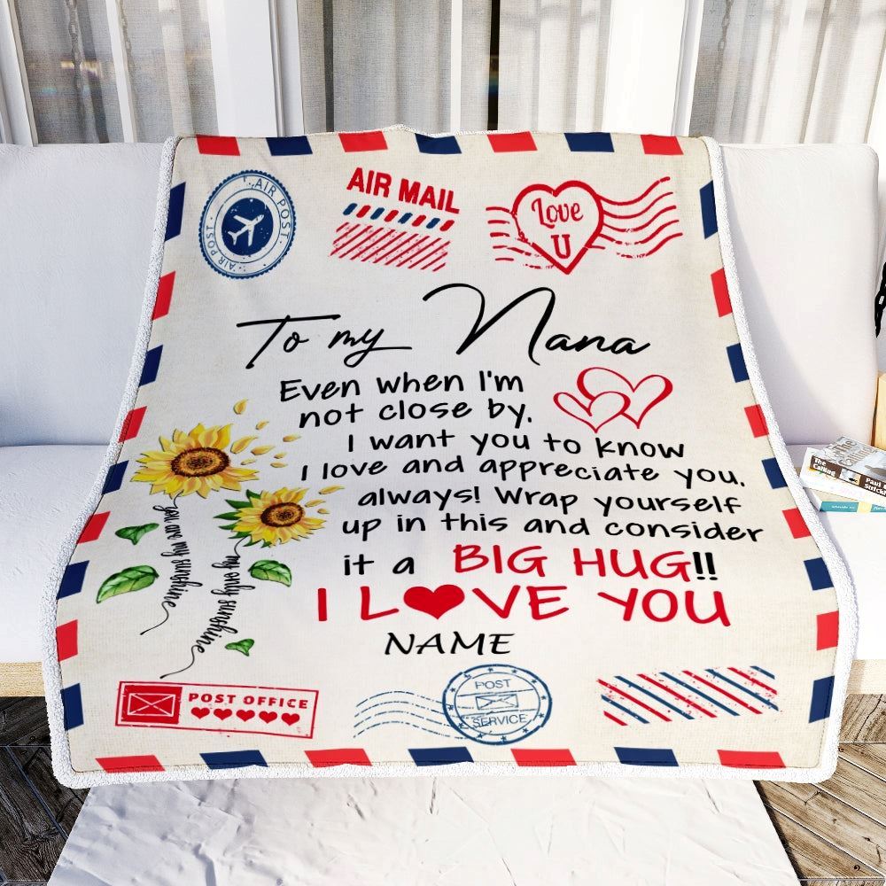 Personalized Nana Blanket From Grandkids Love Big Hug Air Mail Letter Sunflower, Mother's Day Blanket, Mothers Day Birthday Gifts For Mom