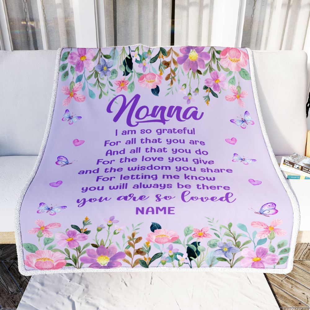 Personalized Nonna Blanket From Granddaughter Grandson Floral Butterfly Love You Give, Mother's Day Blanket, Mothers Day Birthday Gifts For Mom