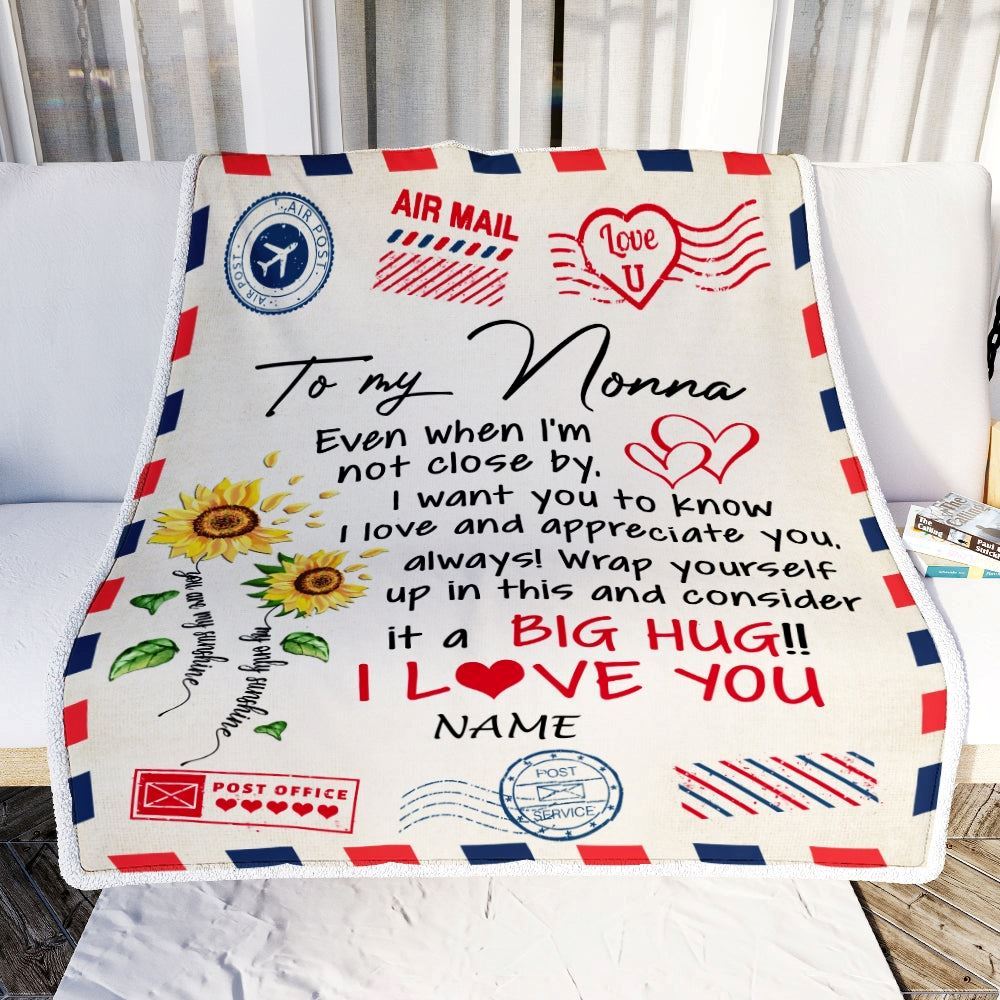 Personalized Nonna Blanket From Grandkids Love Big Hug Air Mail Letter Sunflower, Mother's Day Blanket, Mothers Day Birthday Gifts For Mom