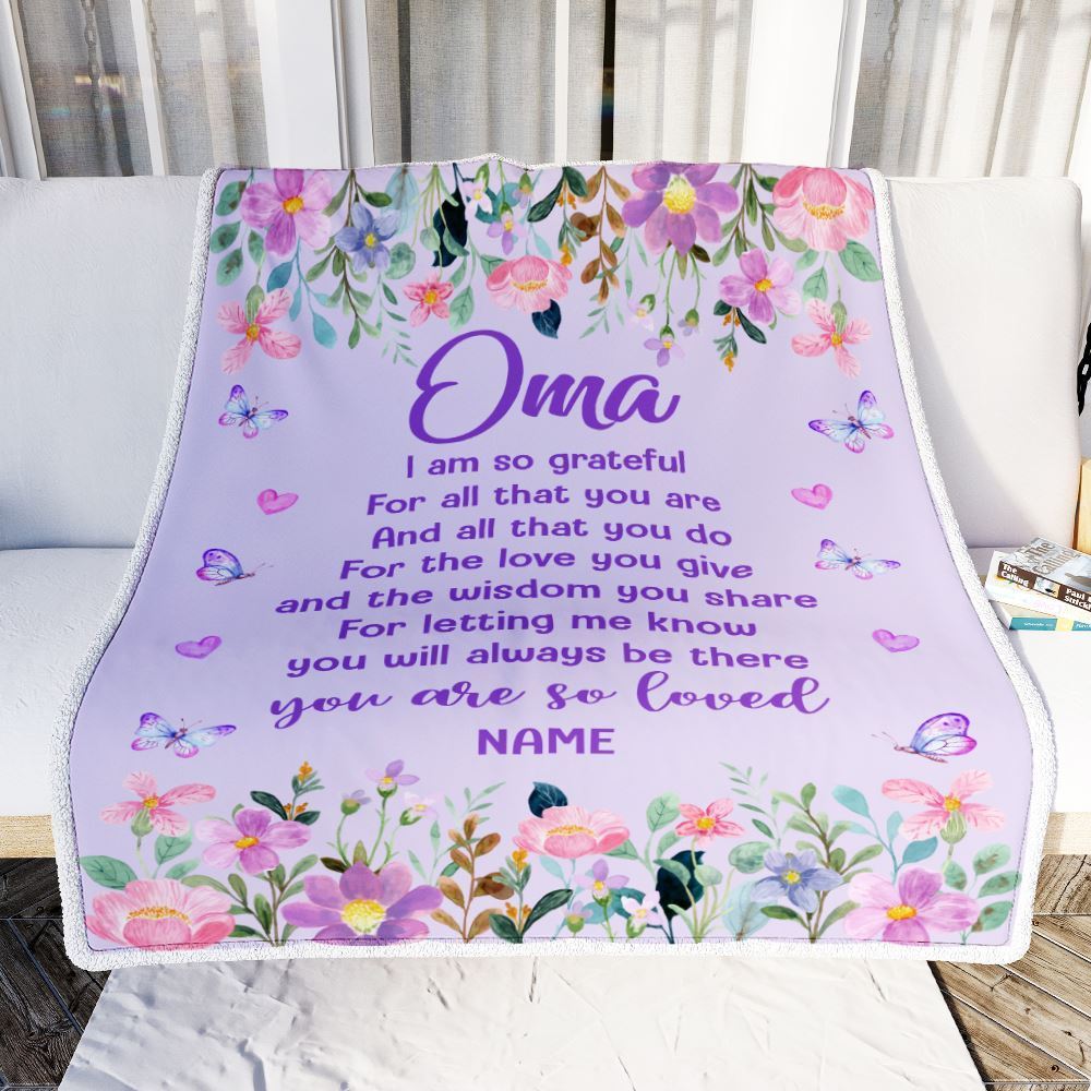 Personalized Oma Blanket From Granddaughter Grandson Floral Butterfly Love You Give, Mother's Day Blanket, Mothers Day Birthday Gifts For Mom