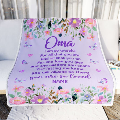 Personalized Oma Blanket From Granddaughter Grandson Floral Butterfly Love You Give, Mother's Day Blanket, Mothers Day Birthday Gifts For Mom