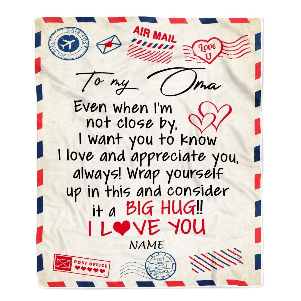 Personalized Oma Blanket From Grandkids I Love You Hugs Air Mail Letter, Mother's Day Blanket, Mothers Day Birthday Gifts For Mom