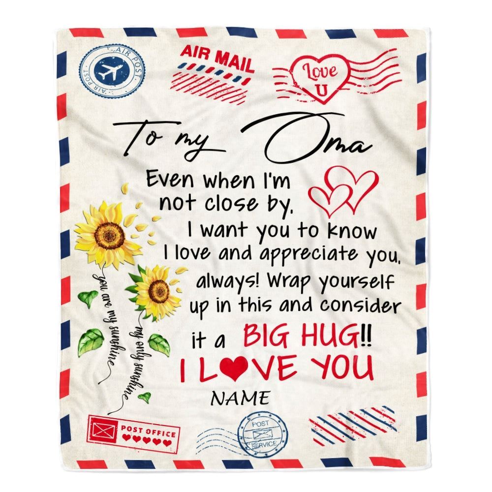 Personalized Oma Blanket From Grandkids Love Big Hug Air Mail Letter Sunflower, Mother's Day Blanket, Mothers Day Birthday Gifts For Mom