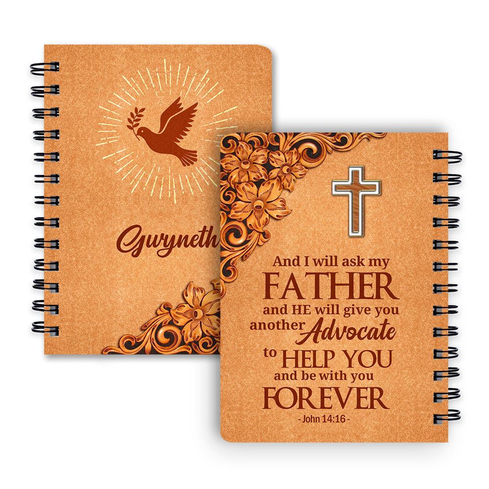 Personalized Orange Spiral Journal John 1416 Cross And Pigeon Scripture Gifts For Christian People