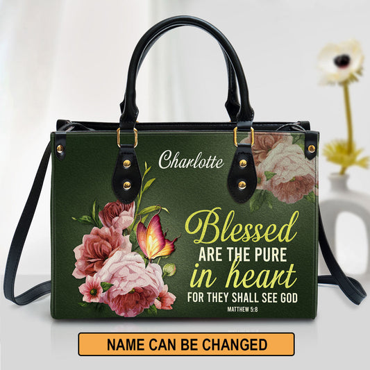 Personalized Peony Leather Handbag With Handle Blessed Are The Pure In Heart Matthew 58 Christian Gifts For Women