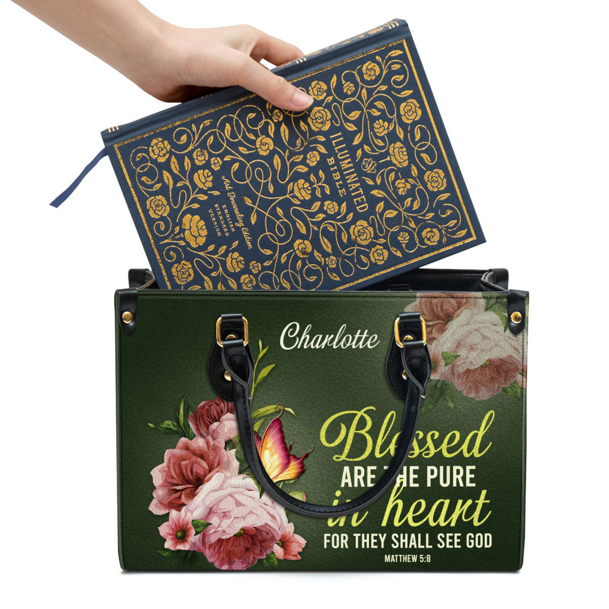 Personalized Peony Leather Handbag With Handle Blessed Are The Pure In Heart Matthew 58 Christian Gifts For Women