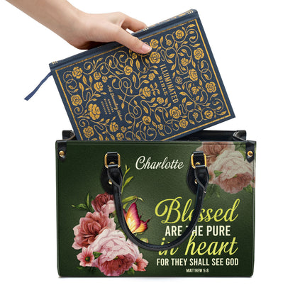 Personalized Peony Leather Handbag With Handle Blessed Are The Pure In Heart Matthew 58 Christian Gifts For Women