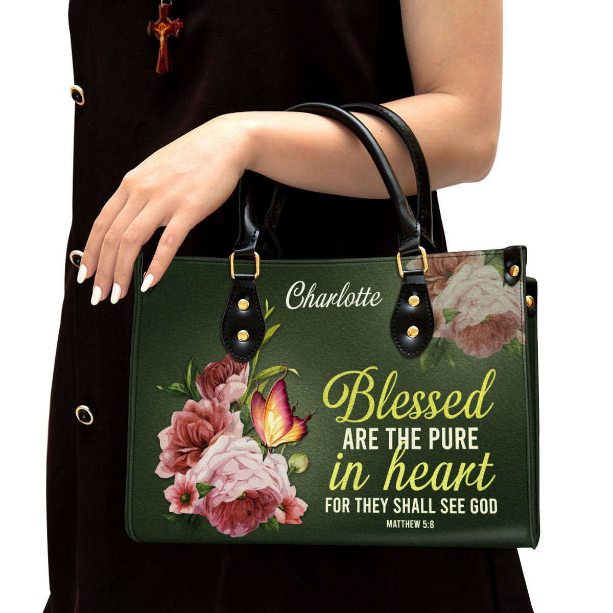 Personalized Peony Leather Handbag With Handle Blessed Are The Pure In Heart Matthew 58 Christian Gifts For Women