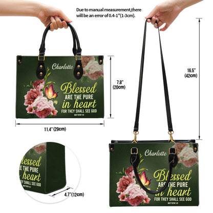 Personalized Peony Leather Handbag With Handle Blessed Are The Pure In Heart Matthew 58 Christian Gifts For Women
