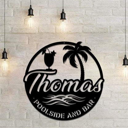 Personalized Poolside And Bar Metal Wall, Poolside Paradise Metal Wall, Metal Swimming Pool Sign