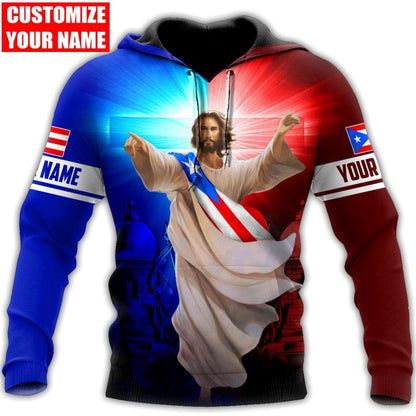 Personalized Puerto Rico Jesus Cross Light God 3D Hoodie For Man And Women, Jesus Printed 3D Hoodie
