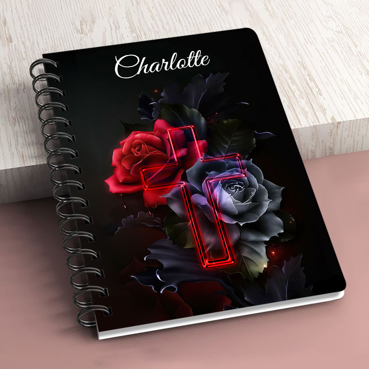 Personalized Spiral Journal Give Thanks To The Lord For He Is Good Psalm 1071 Rose And Cross, Religious Gifts For Christian