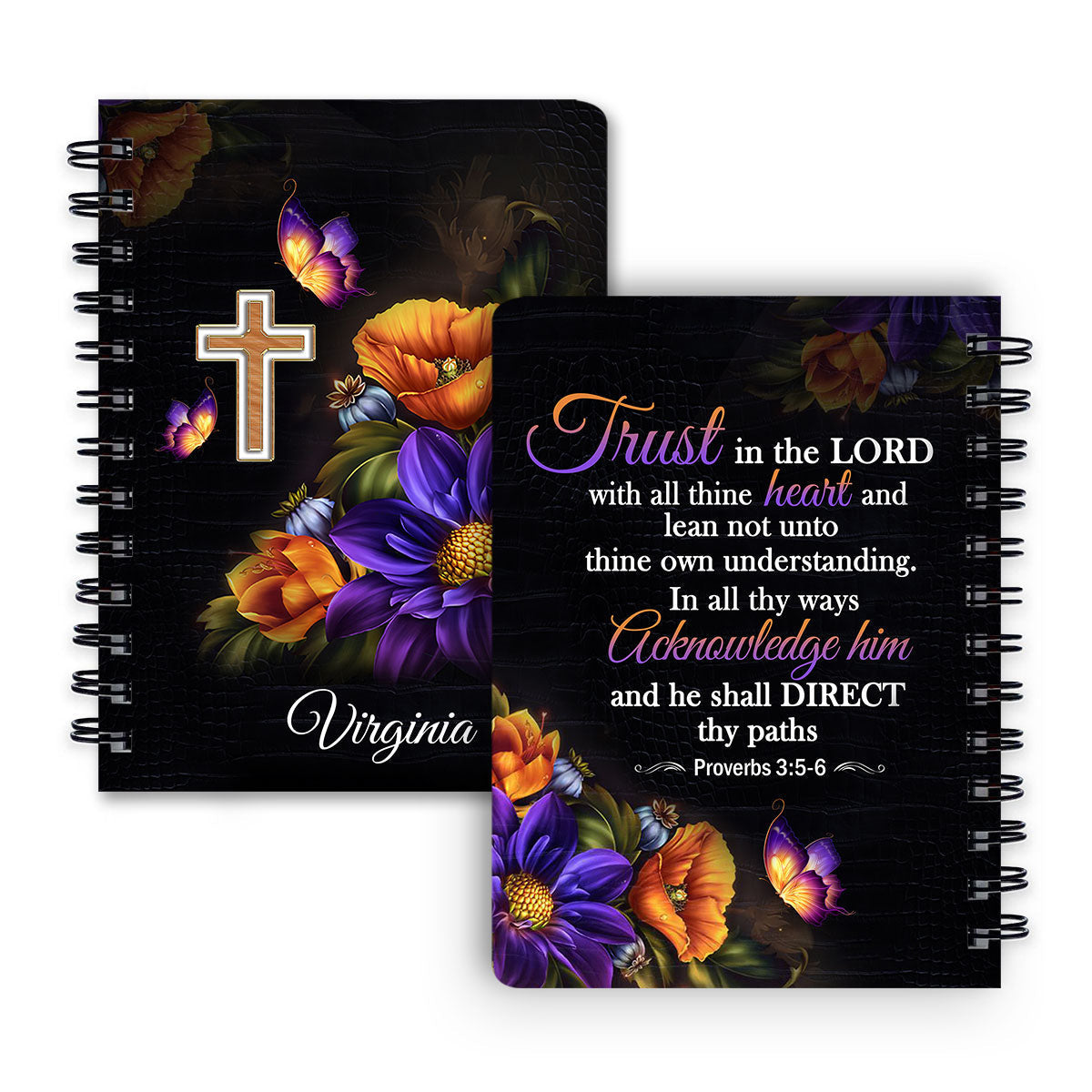Personalized Spiral Journal Trust In The Lord With All Your Heart Proverbs 35 6 Cross And Flower, Religious Gifts For Christian