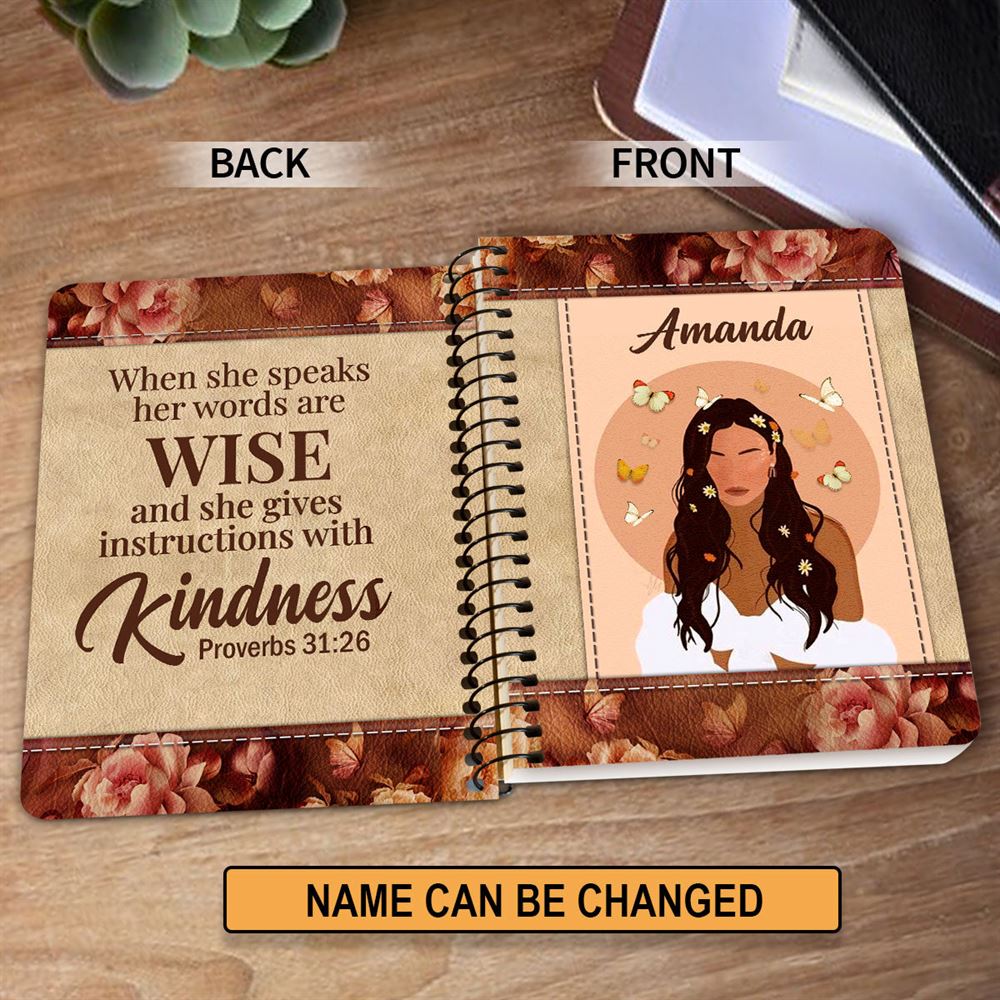 Personalized Spiral Journal When She Speaks Her Words Are Wise, Christian Art Gifts Journal