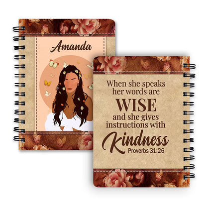 Personalized Spiral Journal When She Speaks Her Words Are Wise, Christian Art Gifts Journal
