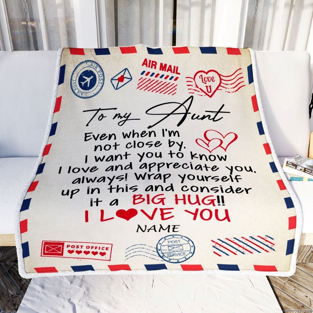 Personalized To My Aunt Blanket From Nephew Niece I Love You Hugs Air Mail Letter, Mother's Day Blanket, Mothers Day Birthday Gifts For Mom