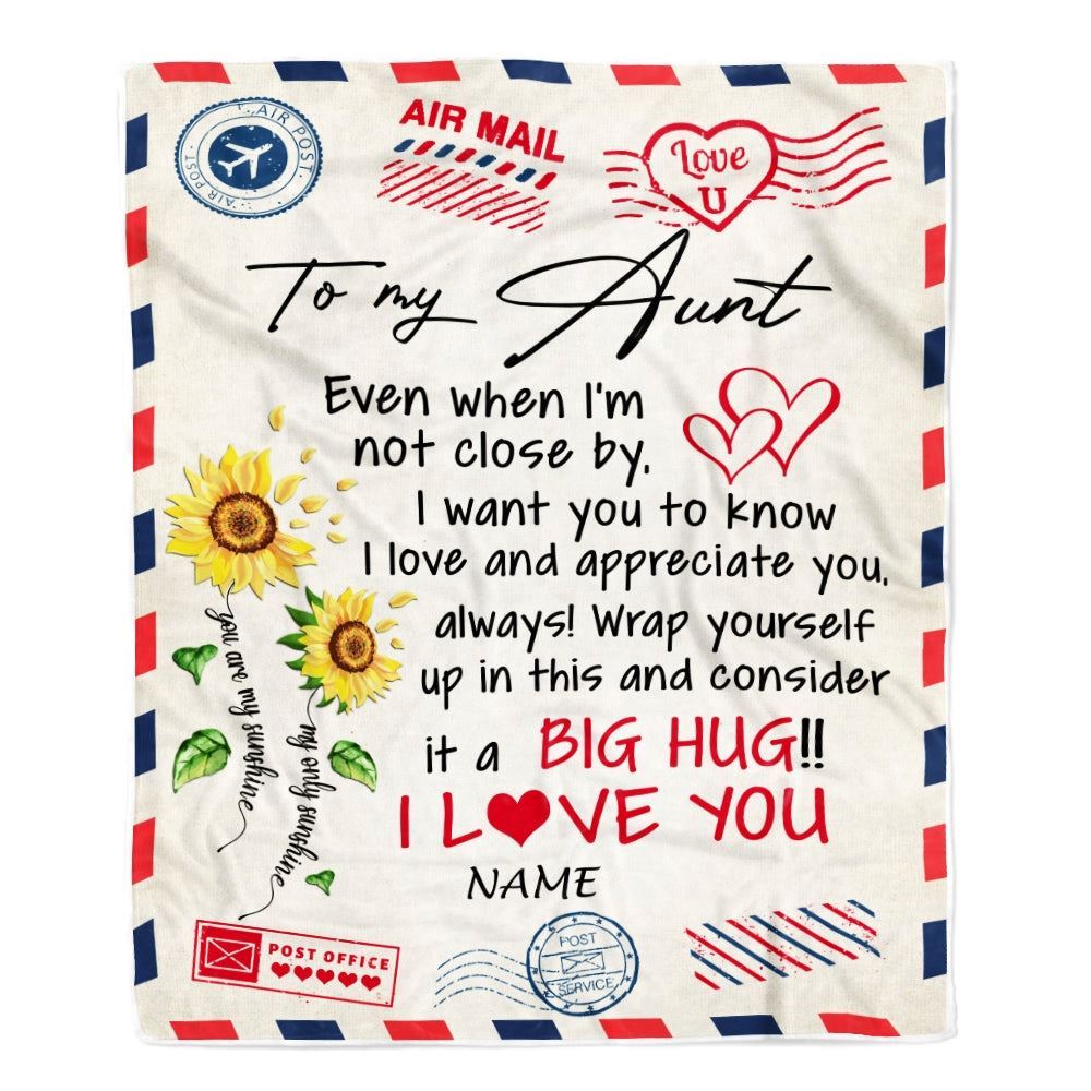 Personalized To My Aunt Blanket From Niece Nephew Love Big Hug Air Mail Letter Sunflower, Mother's Day Blanket, Mothers Day Birthday Gifts For Mom