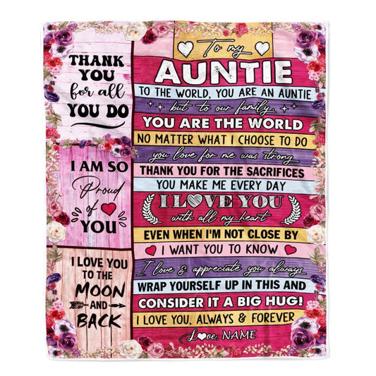 Personalized To My Auntie Blanket From Niece Nephew Wood Floral Thank You I Love You, Mother's Day Blanket, Mothers Day Birthday Gifts For Mom