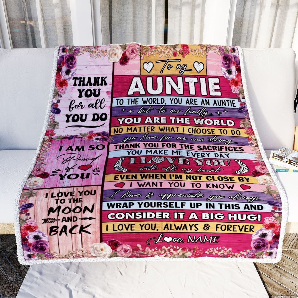Personalized To My Auntie Blanket From Niece Nephew Wood Floral Thank You I Love You, Mother's Day Blanket, Mothers Day Birthday Gifts For Mom