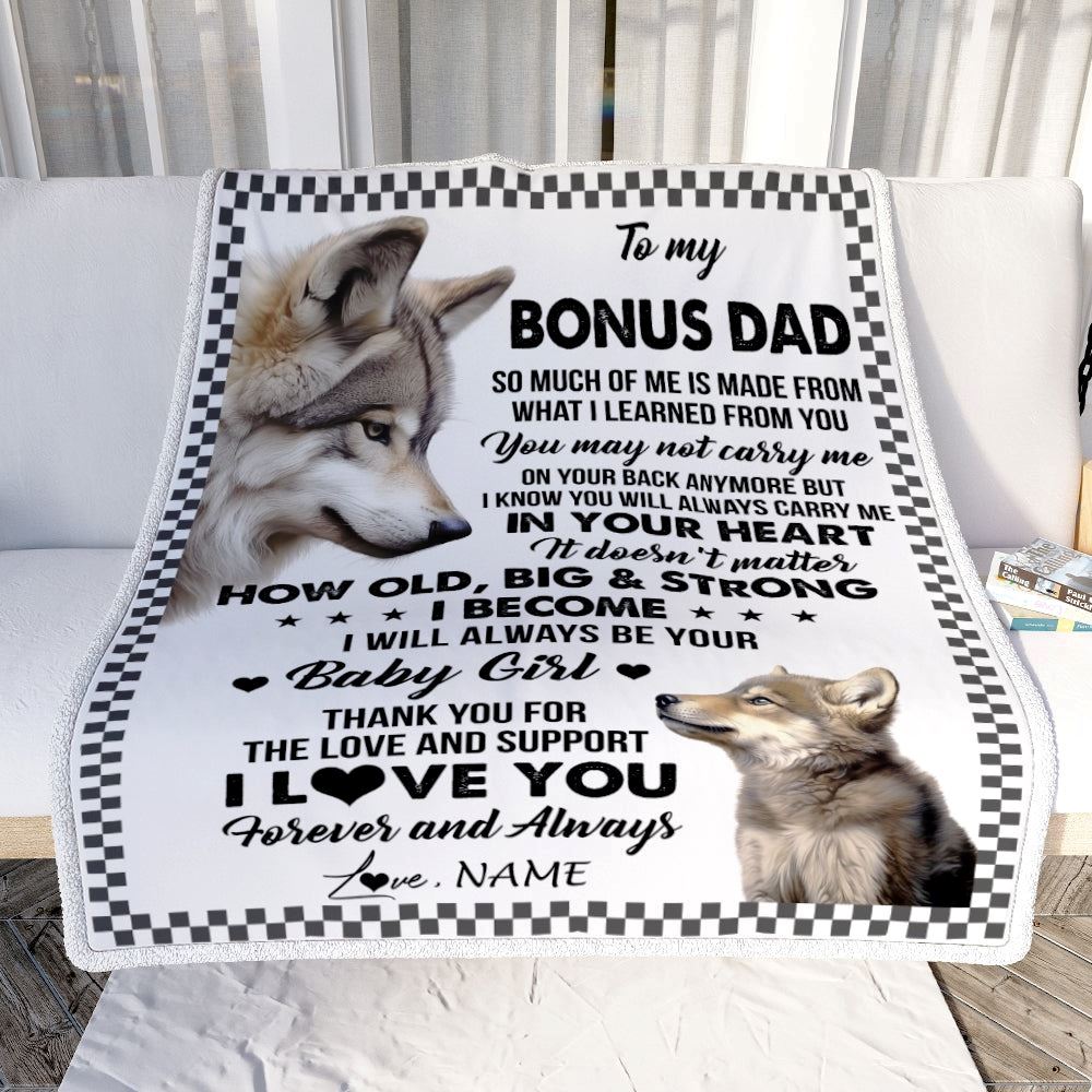 Personalized To My Bonus Dad From Step Daughter Blanket Wolf Always Be Your Little Girl, Mother's Day Blanket, Mothers Day Birthday Gifts For Mom