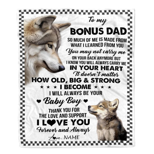 Personalized To My Bonus Dad From Step Son Blanket Wolf Always Be Your Little Boy, Mother's Day Blanket, Mothers Day Birthday Gifts For Mom