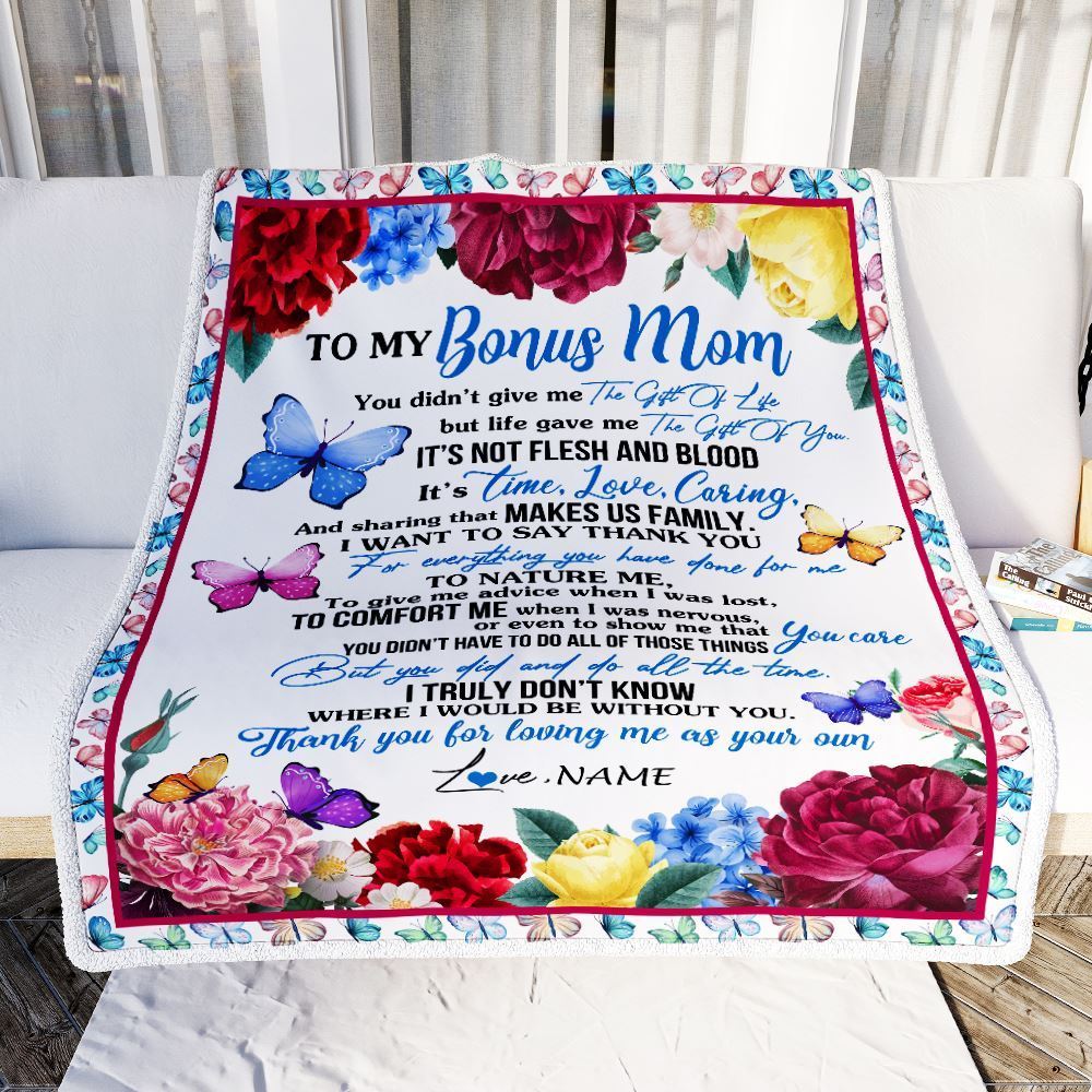 Personalized To My Bonus Mom Blanket From Daughter Son Thank You For Loving Me, Mother's Day Blanket, Mothers Day Birthday Gifts For Mom